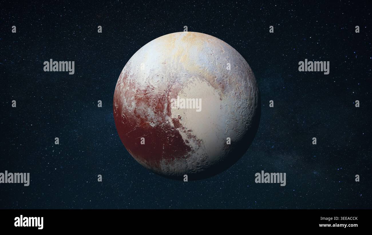 Pianeta Plutone, caratterizzato dal suo iconico ghiacciaio a forma di cuore e dalla superficie rocciosa marrone-rossastro. Il pianeta è centrato su uno sfondo scuro e vastissimo di twink Foto Stock