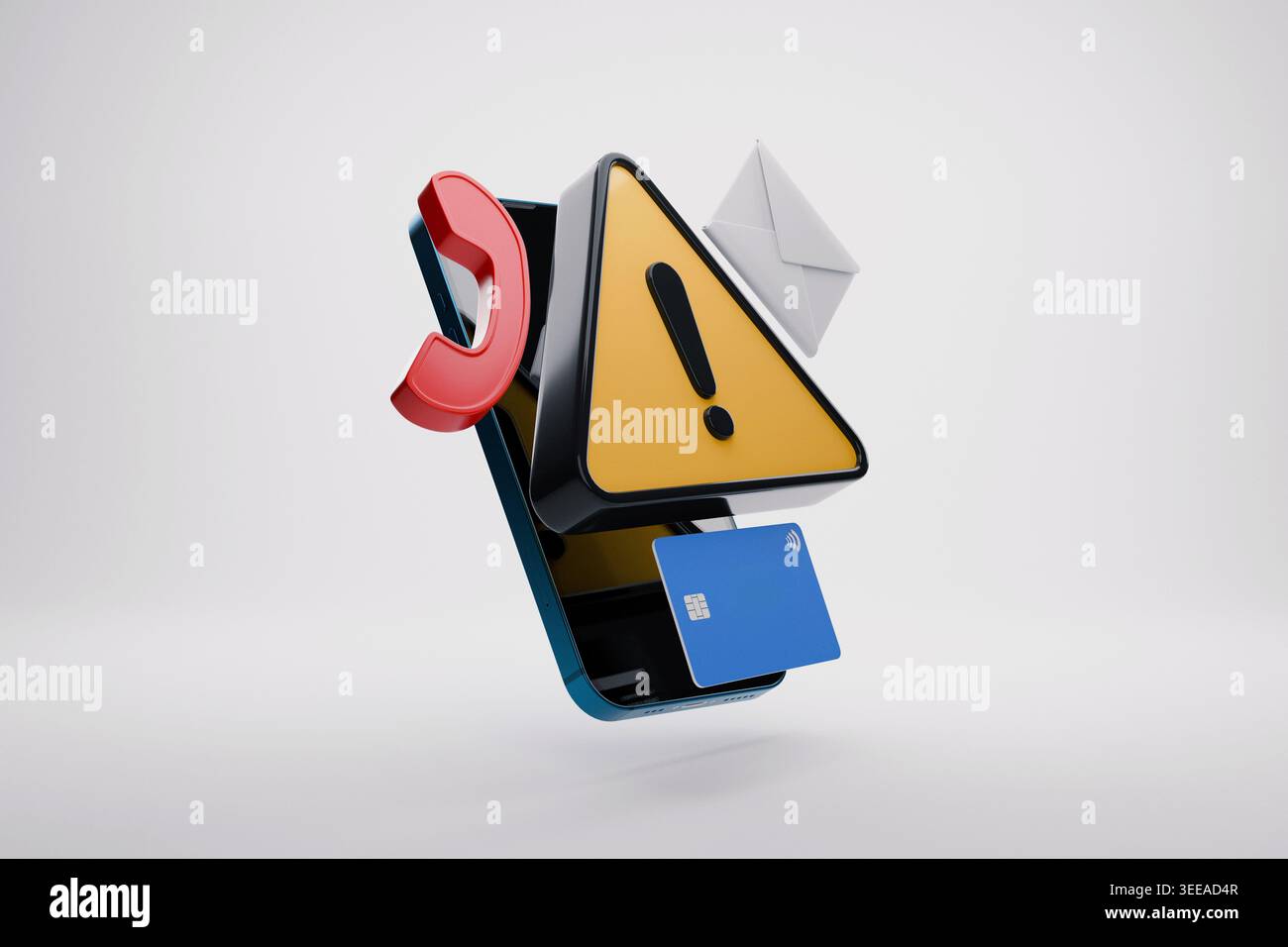 smartphone circondato da un triangolo di avviso, carta di credito, busta e icona del telefono. Concetto di cyber-attacchi multicanale, frode mobile, phishing, AN Foto Stock