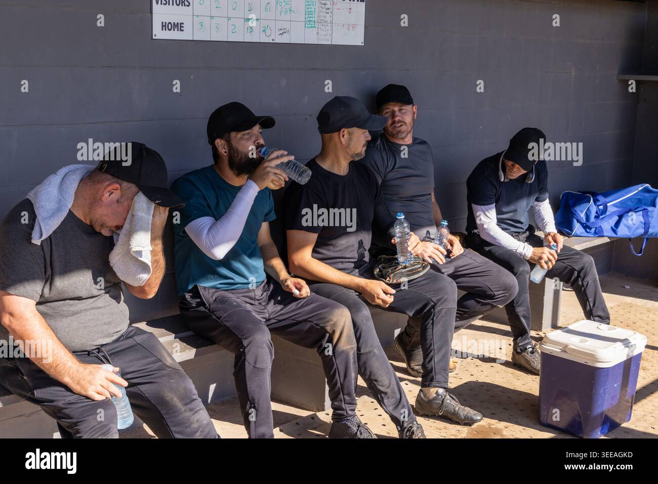 Video verticale: Riposati dopo l'inning, cinque compagni di squadra in berretti sorseggiando acqua, tenendo il guanto in dugout Foto Stock