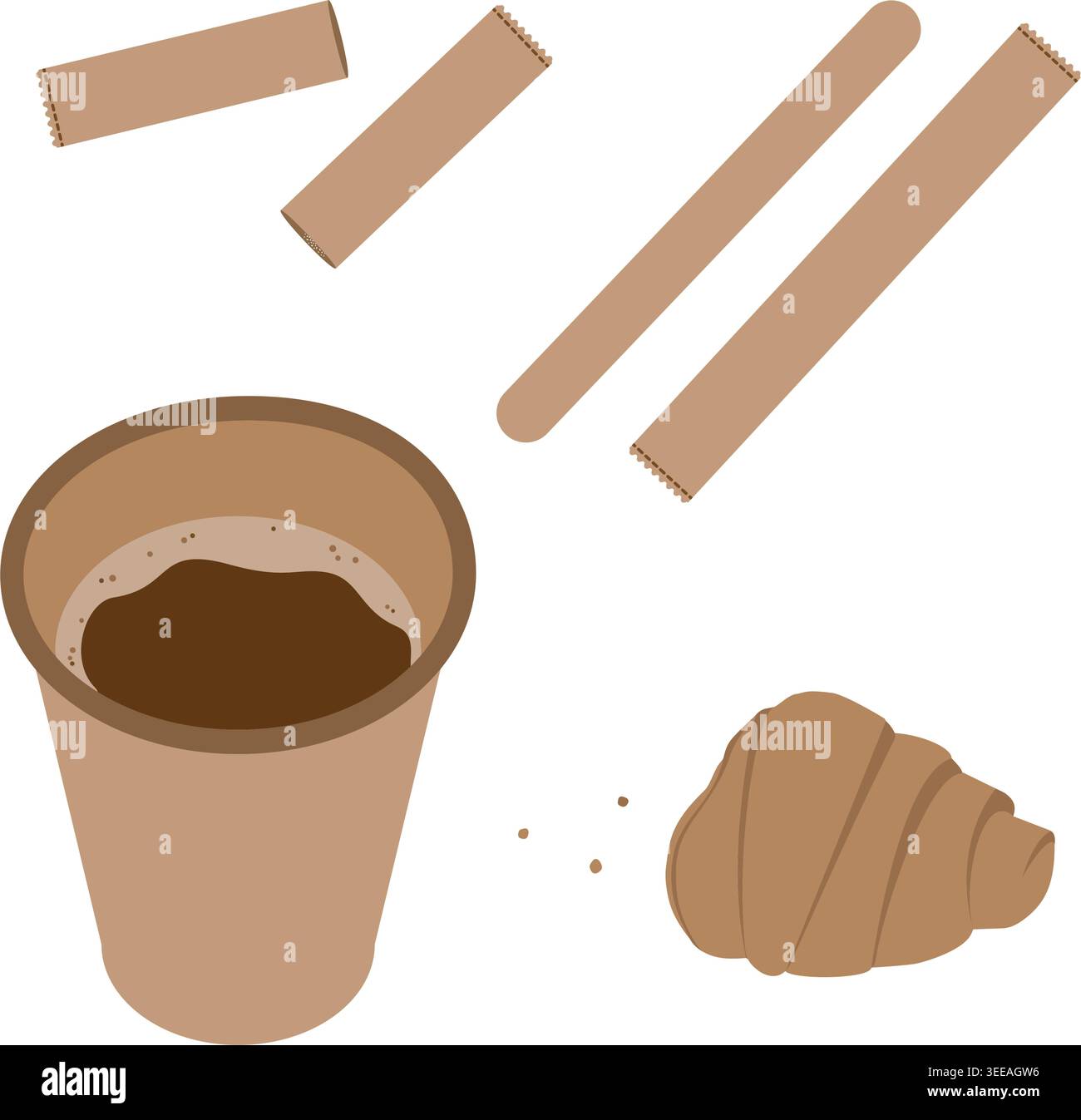Tazza di carta con caffè e croissant morso, asta di agitazione e bastoncino da zucchero Set di icone adesivi. Illustrazione vettoriale isolata caffè contenuto tematico relativo saluto, opuscolo, elementi di post design Illustrazione Vettoriale