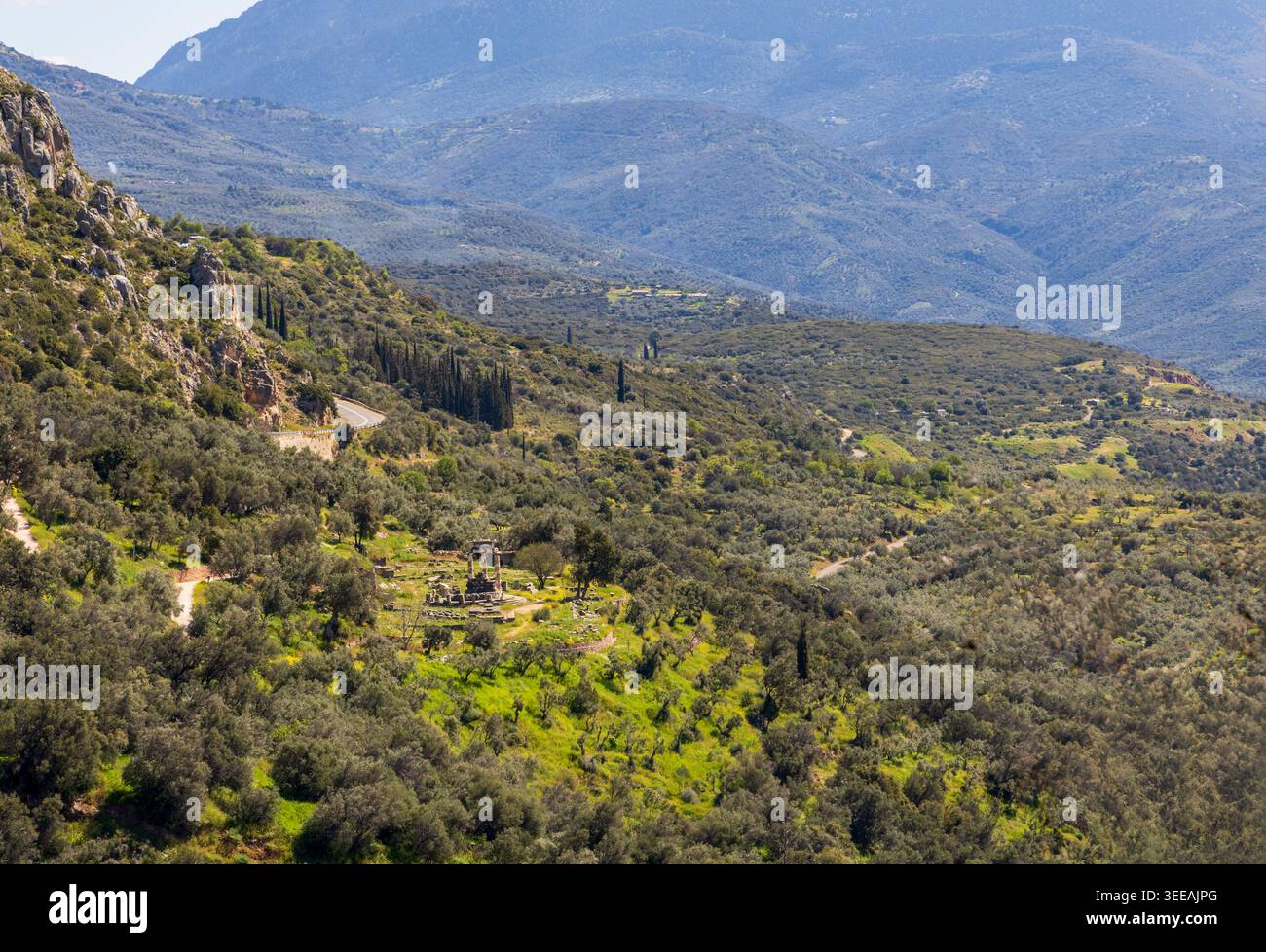 Vista a distanza del complesso del santuario e di Tholos di Atena Pronaia vicino a Delfi, Grecia Foto Stock