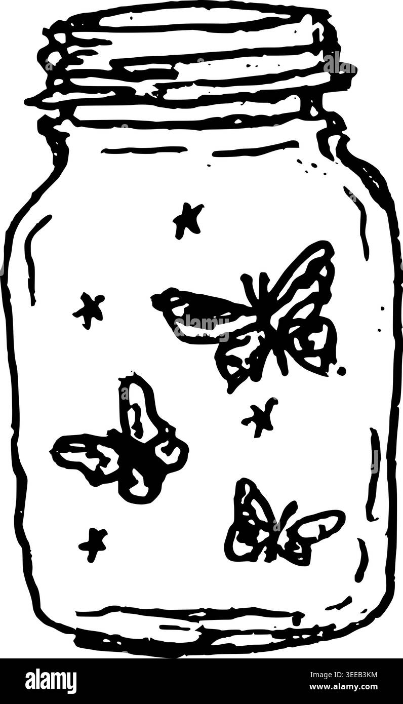 Barattolo muratore disegnato a mano con Butterflies Vector Line Art Illustrazione Vettoriale