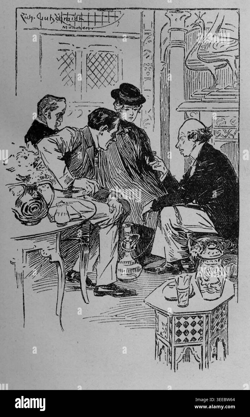 Illustrazione del 1902 dell'artista Richard Gutschmidt per l'edizione tedesca del romanzo di Sir Arthur Conan Doyle, Il segno dei quattro. L'illustrazione mostra Sherlock Holmes, il dottor John Watson e la loro cliente Mary Morstan che ascoltano attentamente l'eccentrico calvo Thaddeus Sholto. Foto Stock