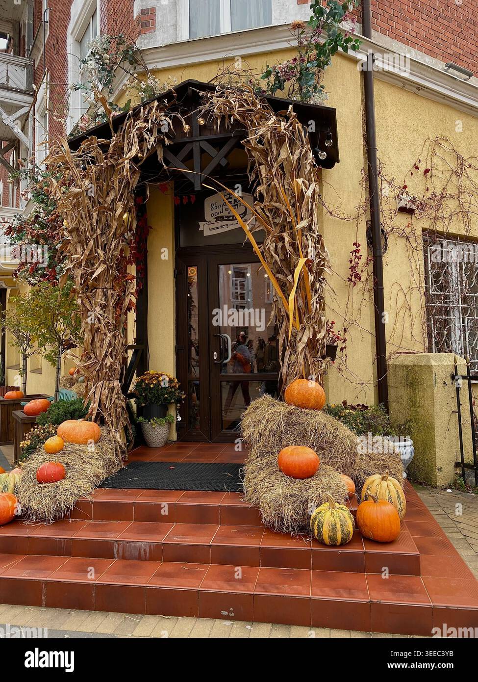Accogliente ingresso alla caffetteria autunnale decorato con zucche, balle di fieno e mais essiccato per il festival del raccolto stagionale - Immagine stock catturata con smartphone