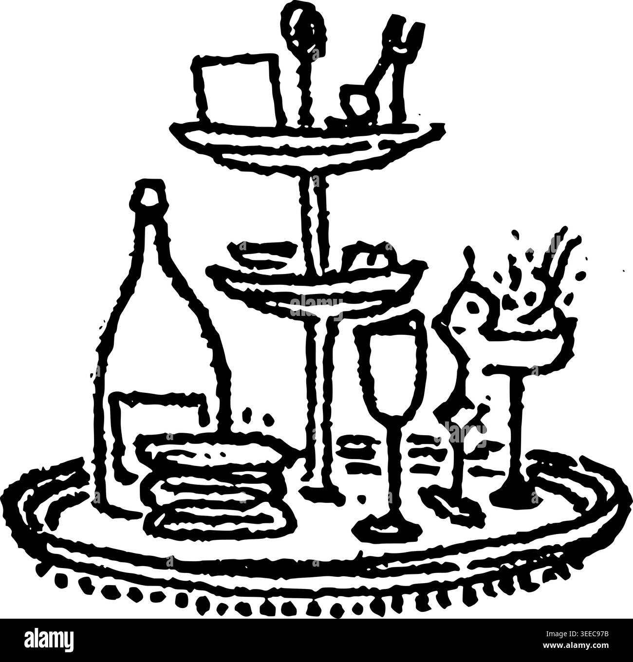 Illustrazione del vettore del vassoio di servizio del tè disegnato a mano Illustrazione Vettoriale