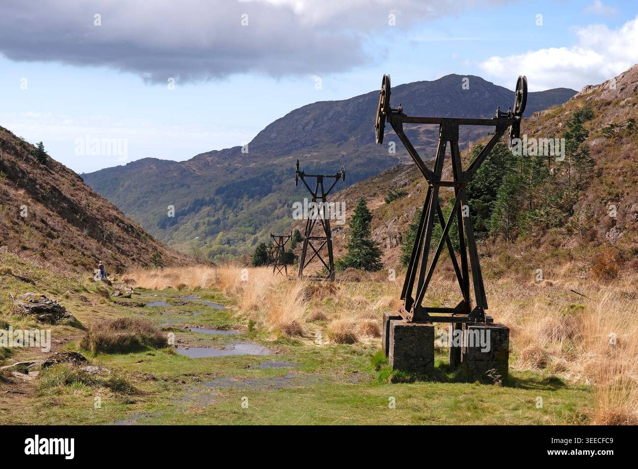 Resti di un pilone, parte di una funivia aerea industriale, parte di una miniera di rame a Cym Bychan, vicino Beddgelert, Eryri National Park, Snowdonia, Galles. Foto Stock