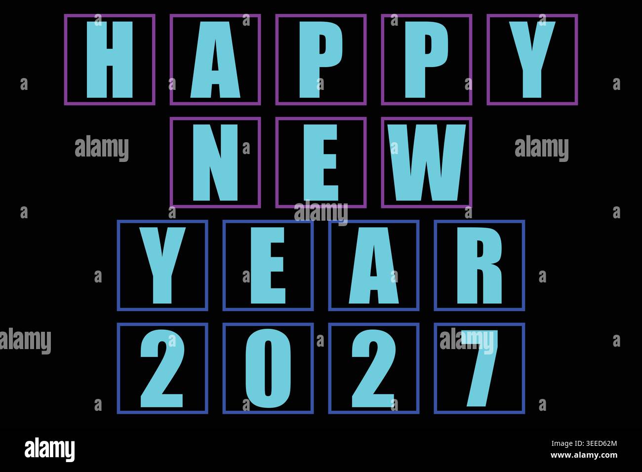 Felice anno nuovo 2027 testo su sfondo nero con ciano e viola Illustrazione Vettoriale