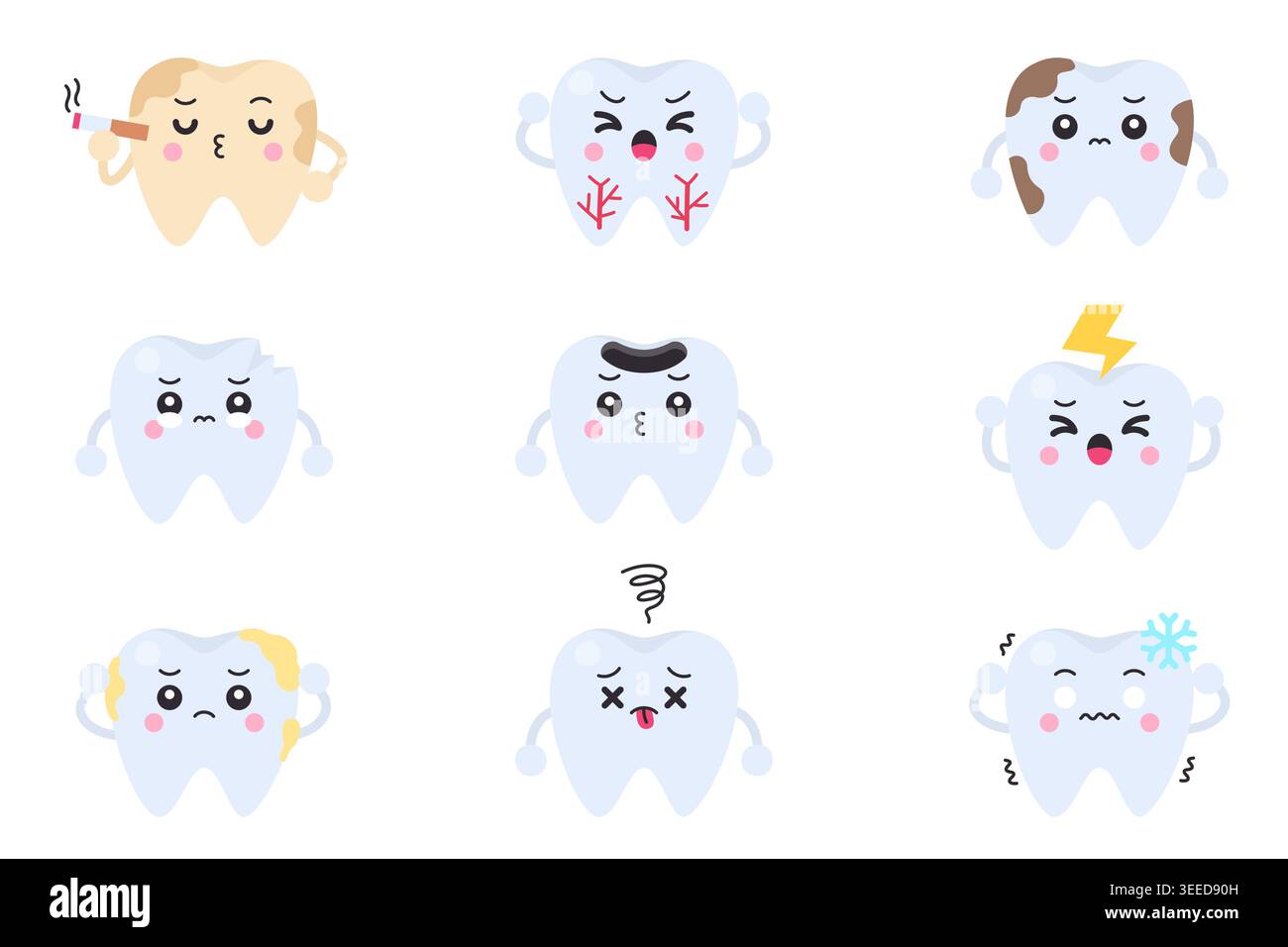 Caratteri dei denti che mostrano problemi dentali tra cui fumo, infiammazione delle radici, cavità, immagine vettoriale dei denti sensibili e incrinati Illustrazione Vettoriale
