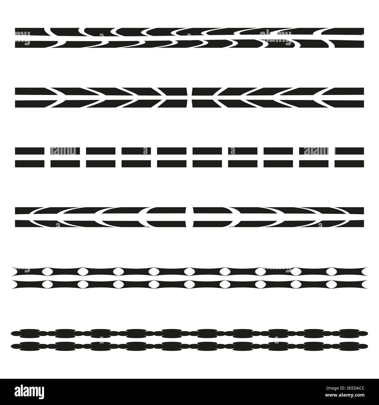 Un set vettoriale di motivi astratti del battistrada degli pneumatici in bianco e nero, presentato come bordi decorativi per i progetti di design. EPS 10. Illustrazione Vettoriale