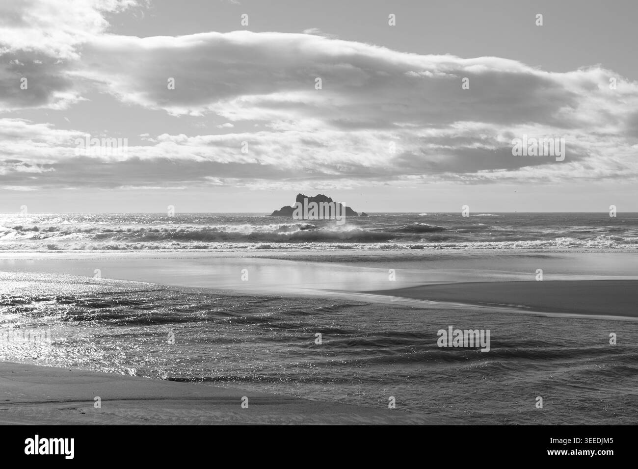 Spettacolare costa di sabbia nera con onde ondulate, riflessi della costa bagnata e un isolotto roccioso all'orizzonte a Khalaktyrsky Beach, Kamchatka Krai, Russia Foto Stock