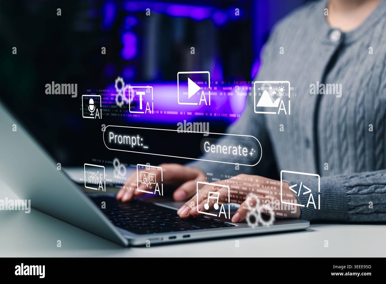 Interfaccia di prompt ai generativa e concetto di creazione di contenuti multimodali, uso professionale di un laptop con pulsante genera, testo, video, immagine, voce, Foto Stock
