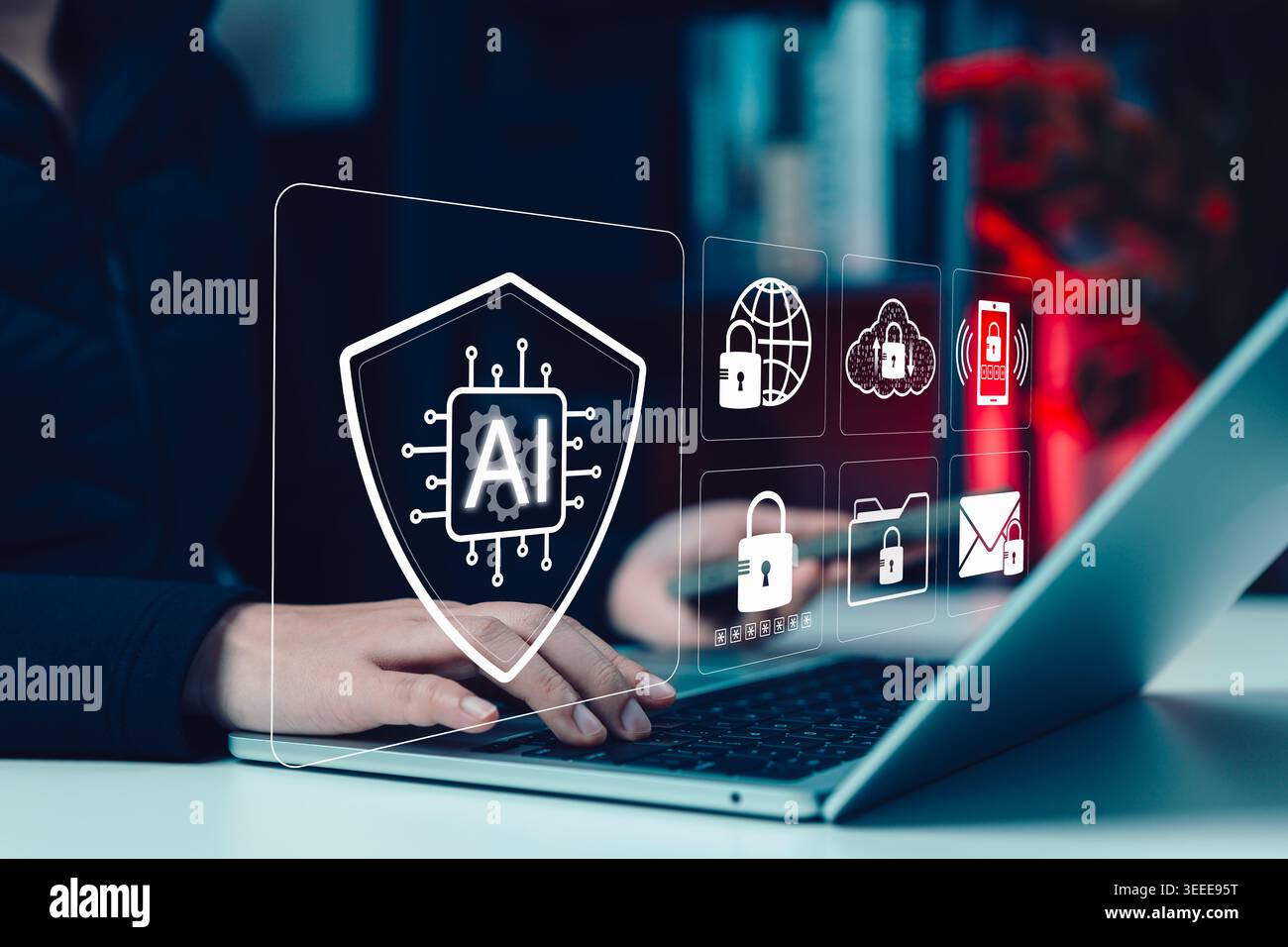 Scudo di cibersicurezza AI e concetto di protezione sicura dei dati. Persona che utilizza un laptop con icona di blocco virtuale per cloud, e-mail, accesso mobile, rete globale Foto Stock
