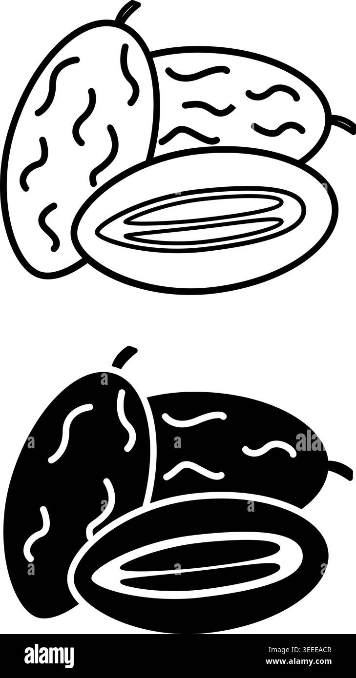 Icone date. Icone vettoriali bianche e nere. Datteri secchi con Pit. Dolce dessert. Cibo biologico e sano. Concetto di frutta Illustrazione Vettoriale