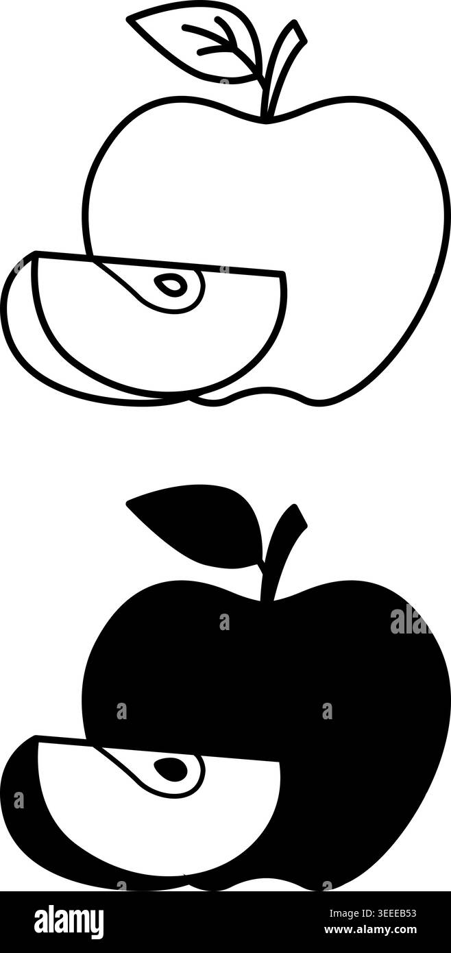 Icone Apple. Icone vettoriali bianche e nere. Tutta la mela e metà della mela. Dessert dolce, cibo biologico. Concetto di frutta Illustrazione Vettoriale