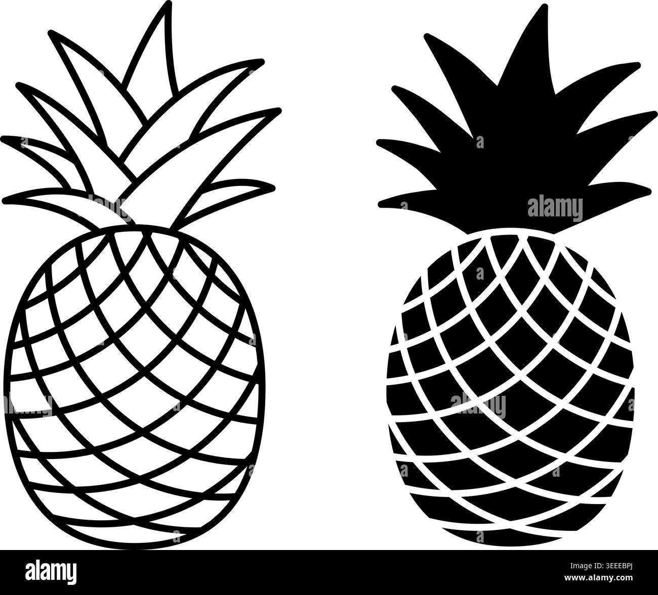 Icone dell'ananas. Icone vettoriali bianche e nere di piante tropicali. Alimenti naturali e biologici. Dolce dessert. Concetto di frutta Illustrazione Vettoriale