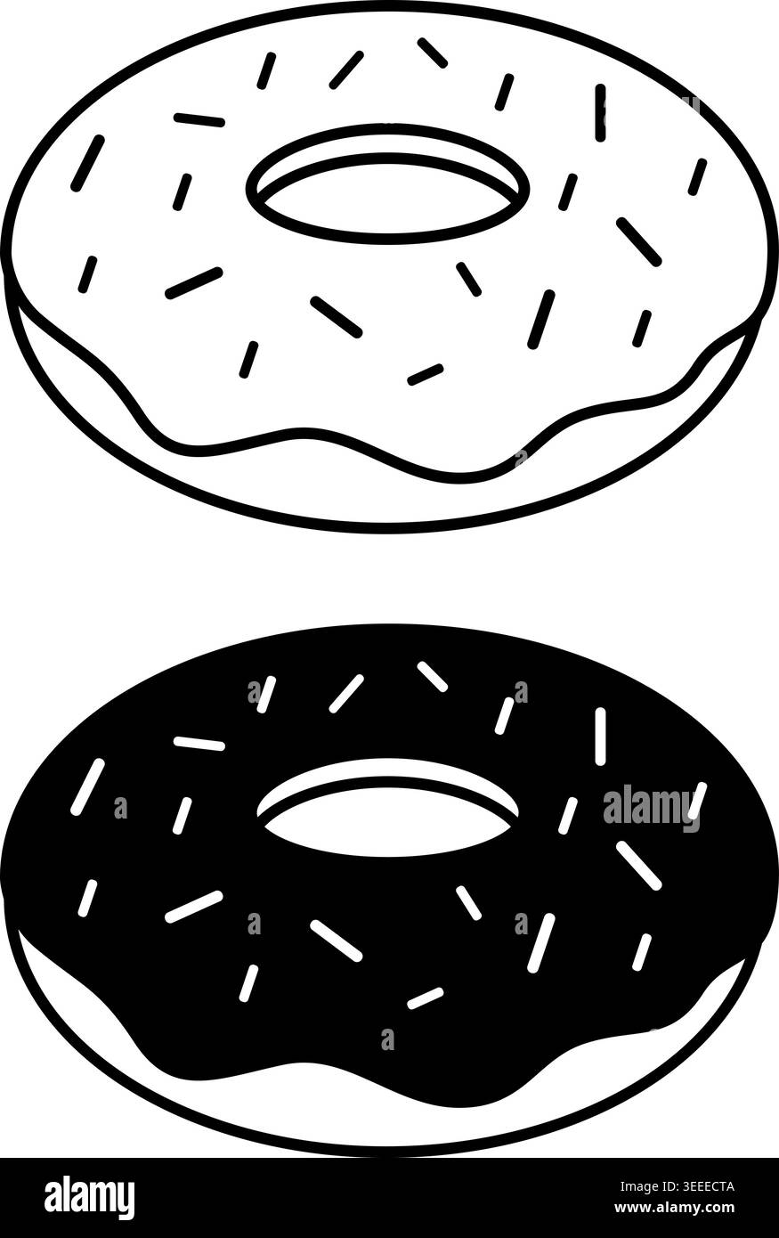Icone ciambella. Illustrazione vettoriale in bianco e nero. Prodotto da forno fritto rotondo con glassa. Cibo gustoso. Concetto di fast food Illustrazione Vettoriale