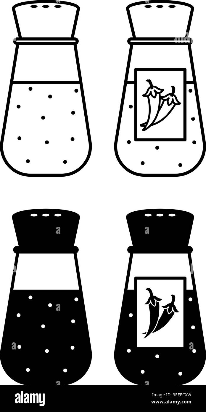 Icone condimenti. Illustrazione vettoriale in bianco e nero. Bottiglie in vetro con sale e pepe. Cibo, condimento. Concetto di fast food Illustrazione Vettoriale