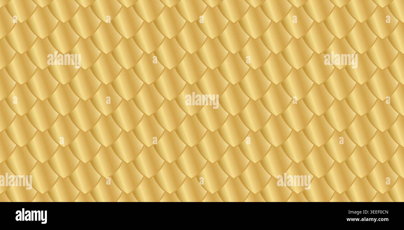 Scala dorata. Consistenza di drago, lucertola o serpente o squama di pesce. Scintillante sfondo medievale dell'armatura. Design del tetto in tegole. Stampa coda sirena di lusso. Illustrazione grafica vettoriale. Illustrazione Vettoriale