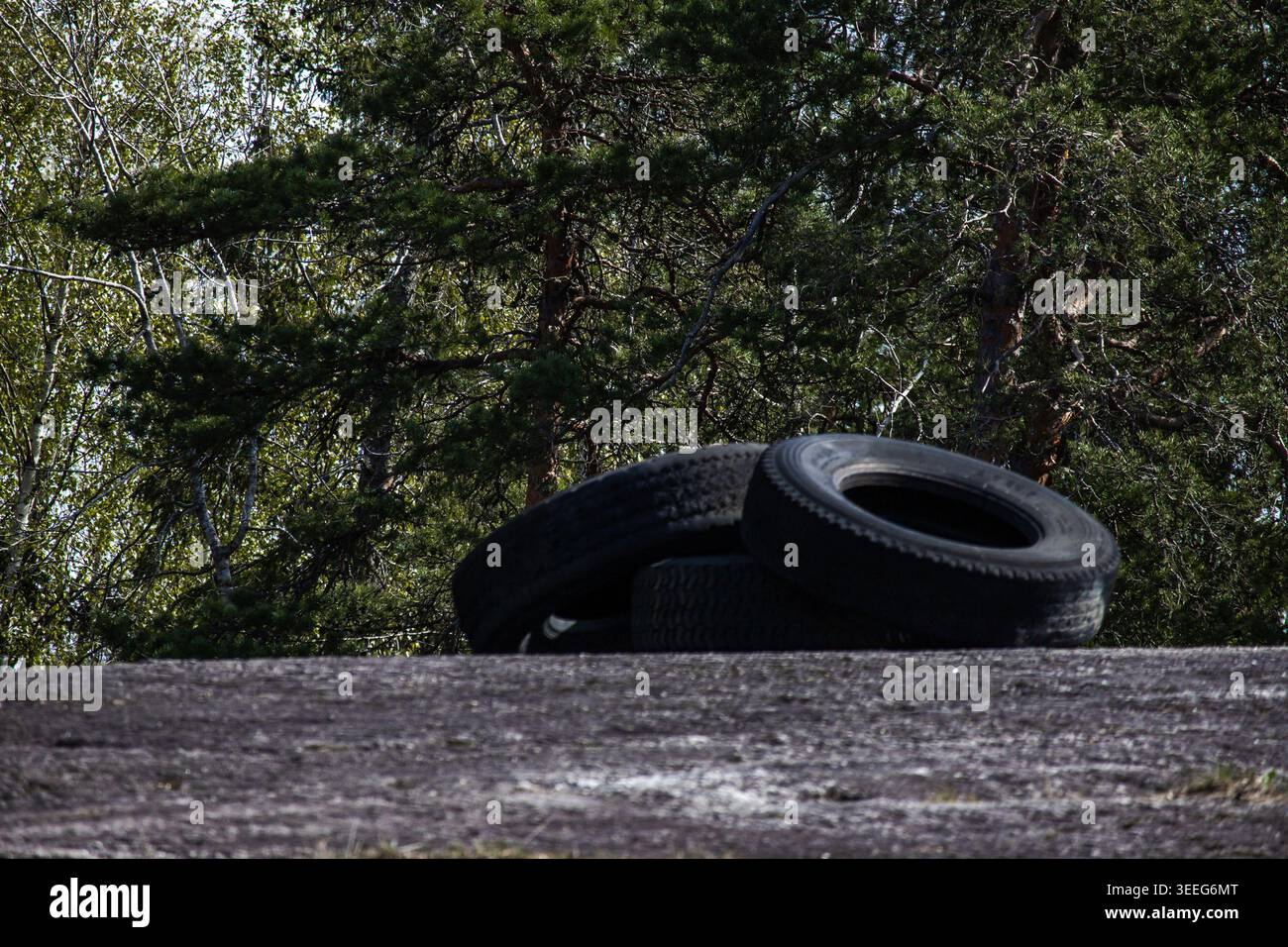 Vecchio pneumatico. Una ruota su strada. Vecchia gomma gettata sulla strada. Articolo dall'auto. Oggetto arrotondato. Foto Stock