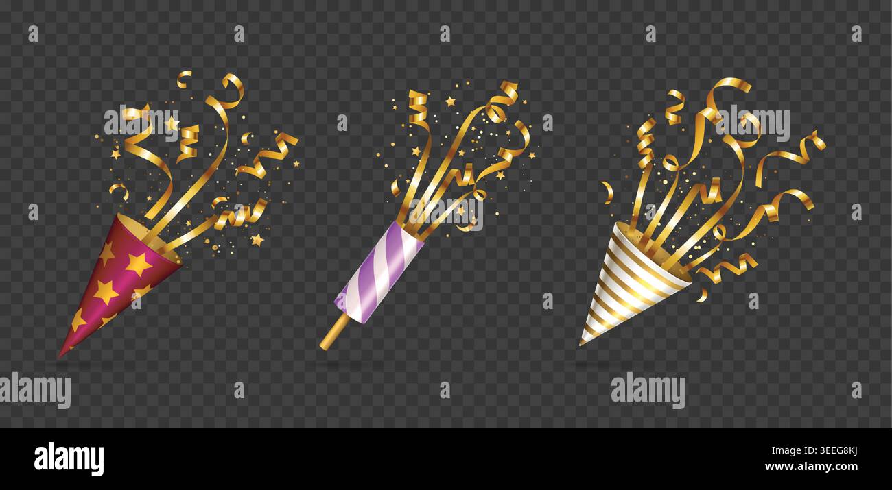 I coriandoli a forma di popper da festa sono vettoriali con stelle dorate, stelle e scintillanti, realistici cracker 3D per festeggiare compleanno, anniversario, carnevale ed eventi festivi. Set isolato vettoriale. Illustrazione Vettoriale