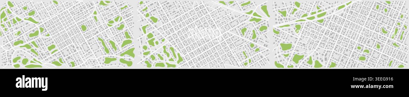Tre striscioni orizzontali della mappa della città con reti stradali, blocchi di costruzione e aree verdi del parco. Illustrazione vettoriale. Illustrazione Vettoriale