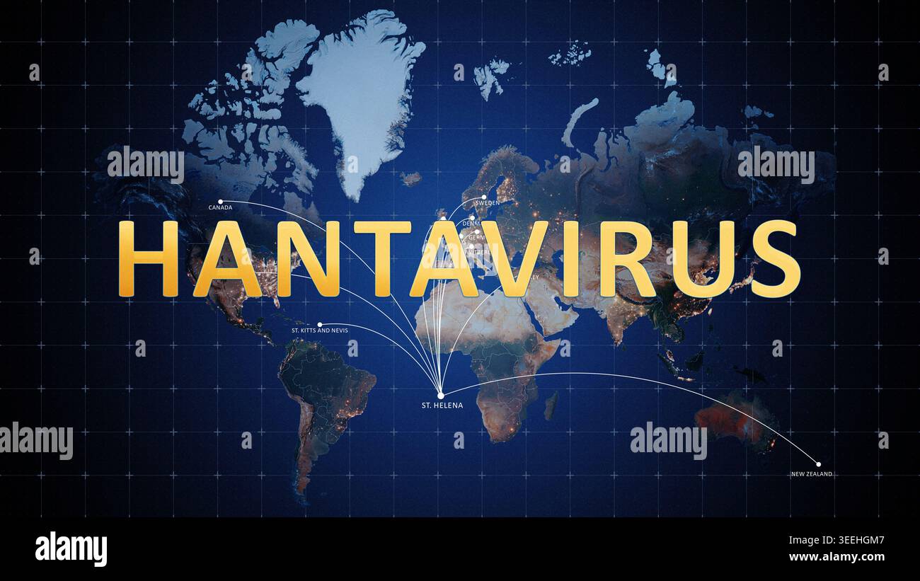 Mappa globale che mostra la diffusione di hantavirus con posizioni evidenziate Foto Stock
