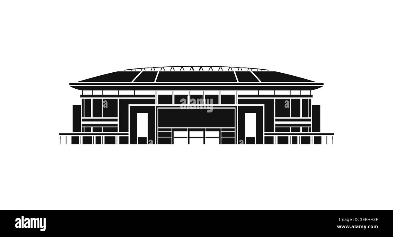 Icona della silhouette dell'edificio dello stadio, campo da calcio o da calcio isolato su sfondo bianco. Grafica vettoriale... Illustrazione Vettoriale