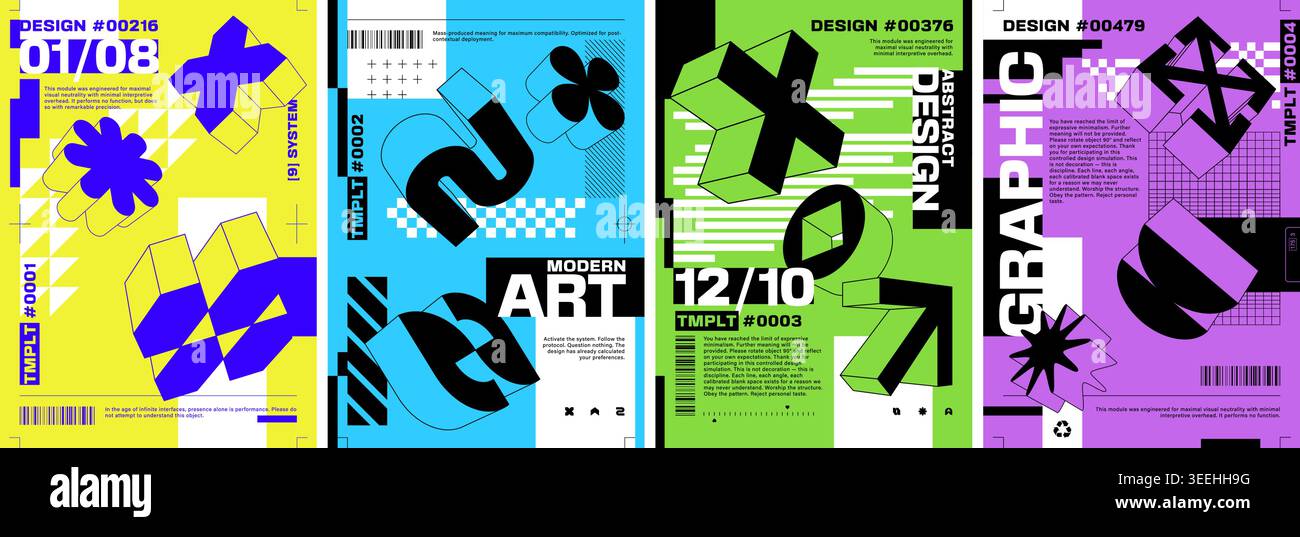 Serie di poster astratti con forme geometriche 3D, tipografia brutale e colori vivaci. Modelli di progettazione vettoriale modificabili. Illustrazione Vettoriale