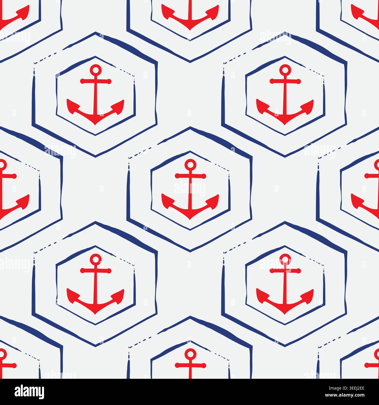L'esagono blu navy vettoriale e gli ancoraggi rossi consentono un motivo vettoriale senza cuciture. Forme di barche a vela a tema nautico. Pennellate organiche disegnate a mano geometriche Illustrazione Vettoriale