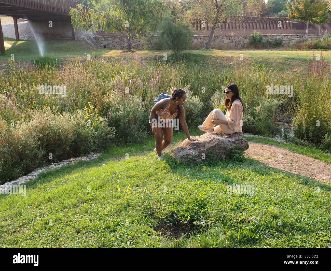 Due giovani amiche che parlano all'aperto, una seduta su una roccia, una in piedi Foto Stock