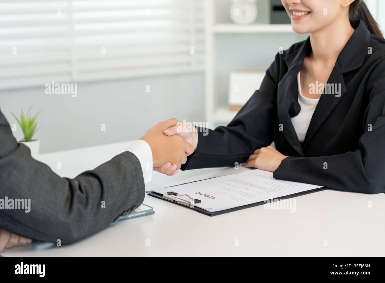 I dirigenti accettano la domanda di lavoro e stringono la mano, i documenti e i candidati riprendono per corrispondere alla posizione. l'azienda pubblica online i posti vacanti su fin Foto Stock