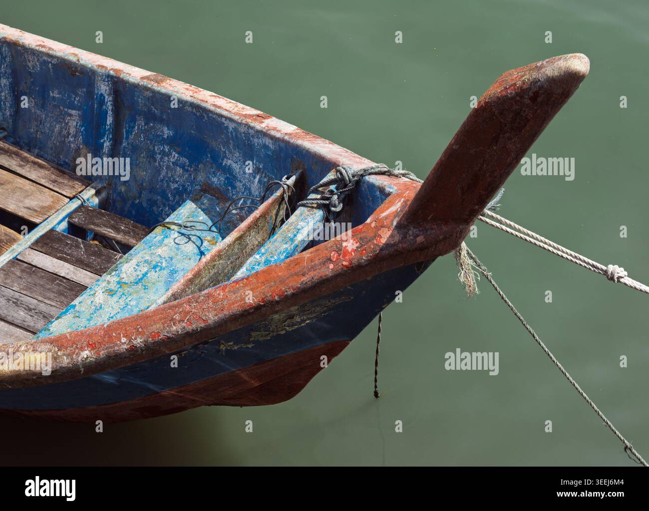 Dettaglio ravvicinato di un tradizionale scafo di una barca da pesca colorata che galleggia sull'acqua, George Town, Penang, Malesia Foto Stock