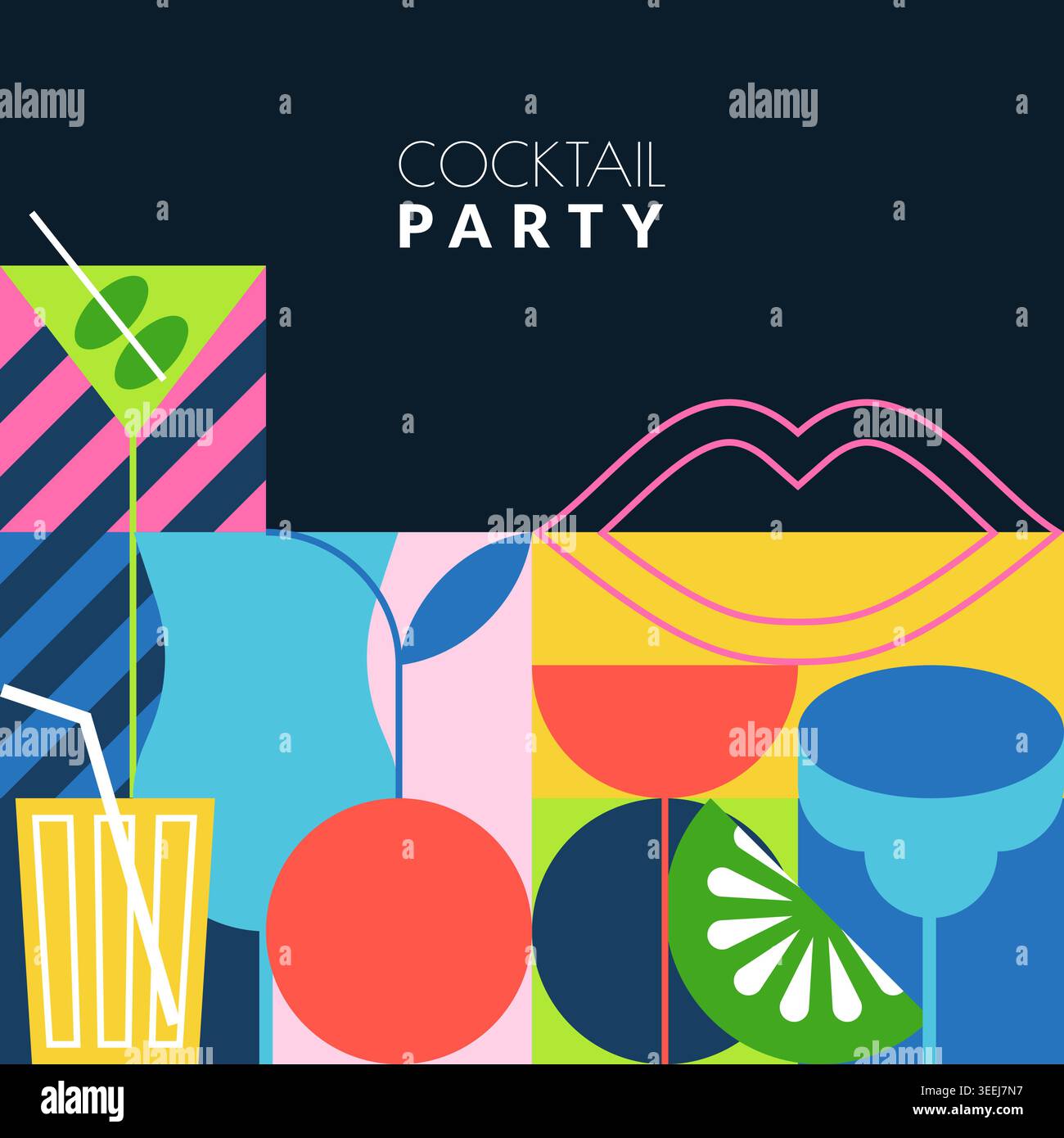 Illustrazione vettoriale di labbra, ciliegie, martini e bicchieri di margarita con paglia e lime. Sfondo astratto con forme geometriche per il menu a barre, Illustrazione Vettoriale