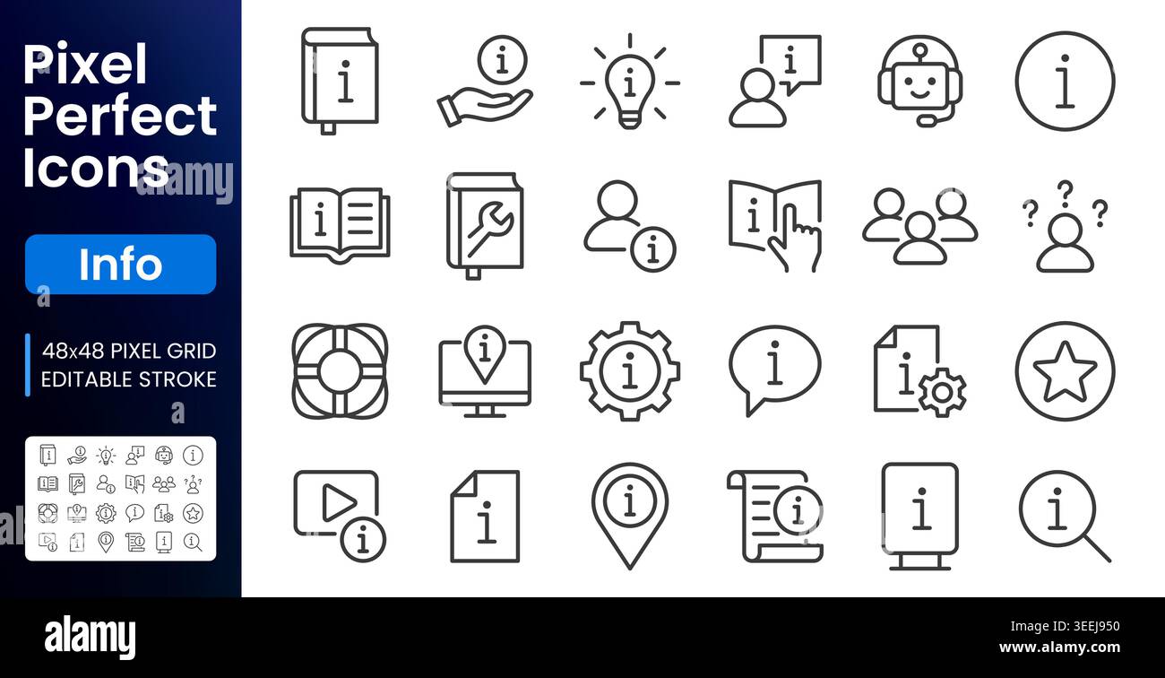 Set di icone della linea di assistenza clienti Info. AI chatbot, tutorial, manuale per la risoluzione dei problemi, FAQ, salvataggio salvagente in piano, illustrazioni vettoriali minime. Semplice Illustrazione Vettoriale