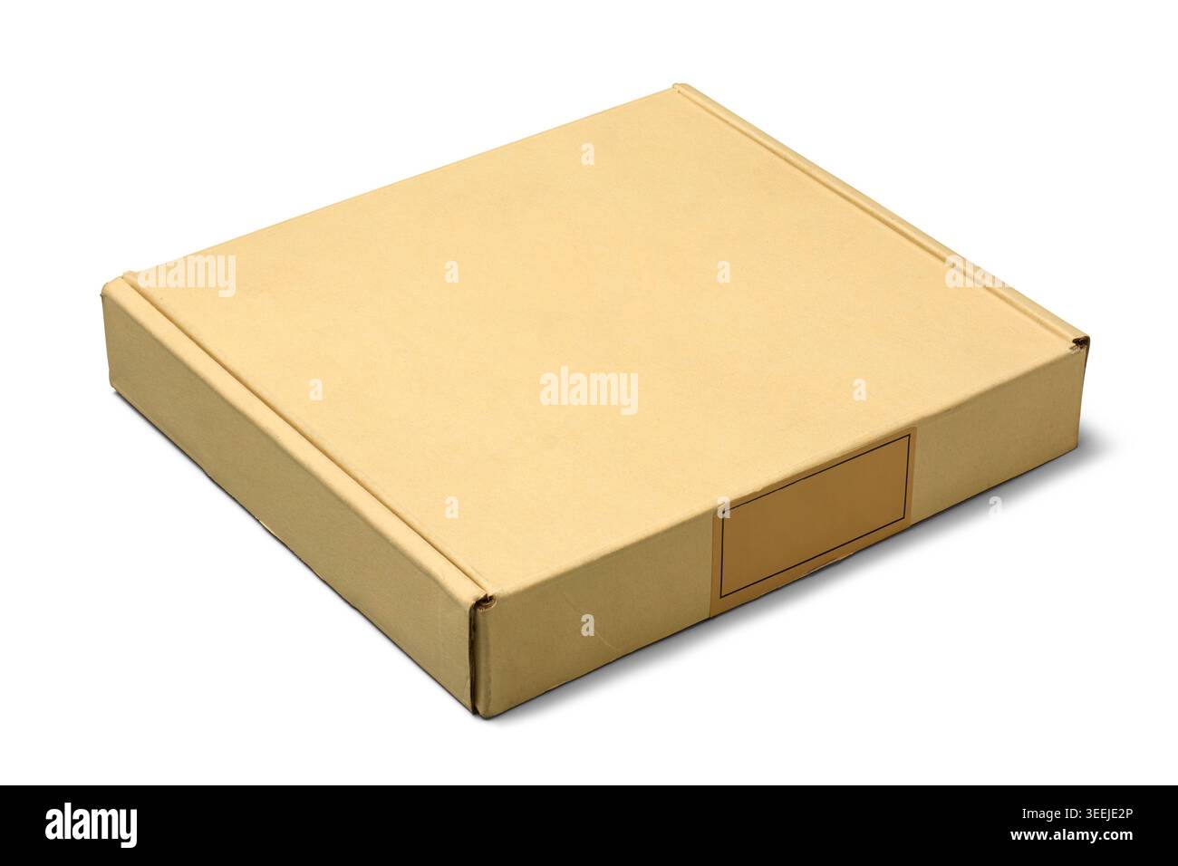 scatola per posta in cartone marrone chiusa sfondo bianco isolato, modello di mock-up con etichetta vuota, vista angolare Foto Stock