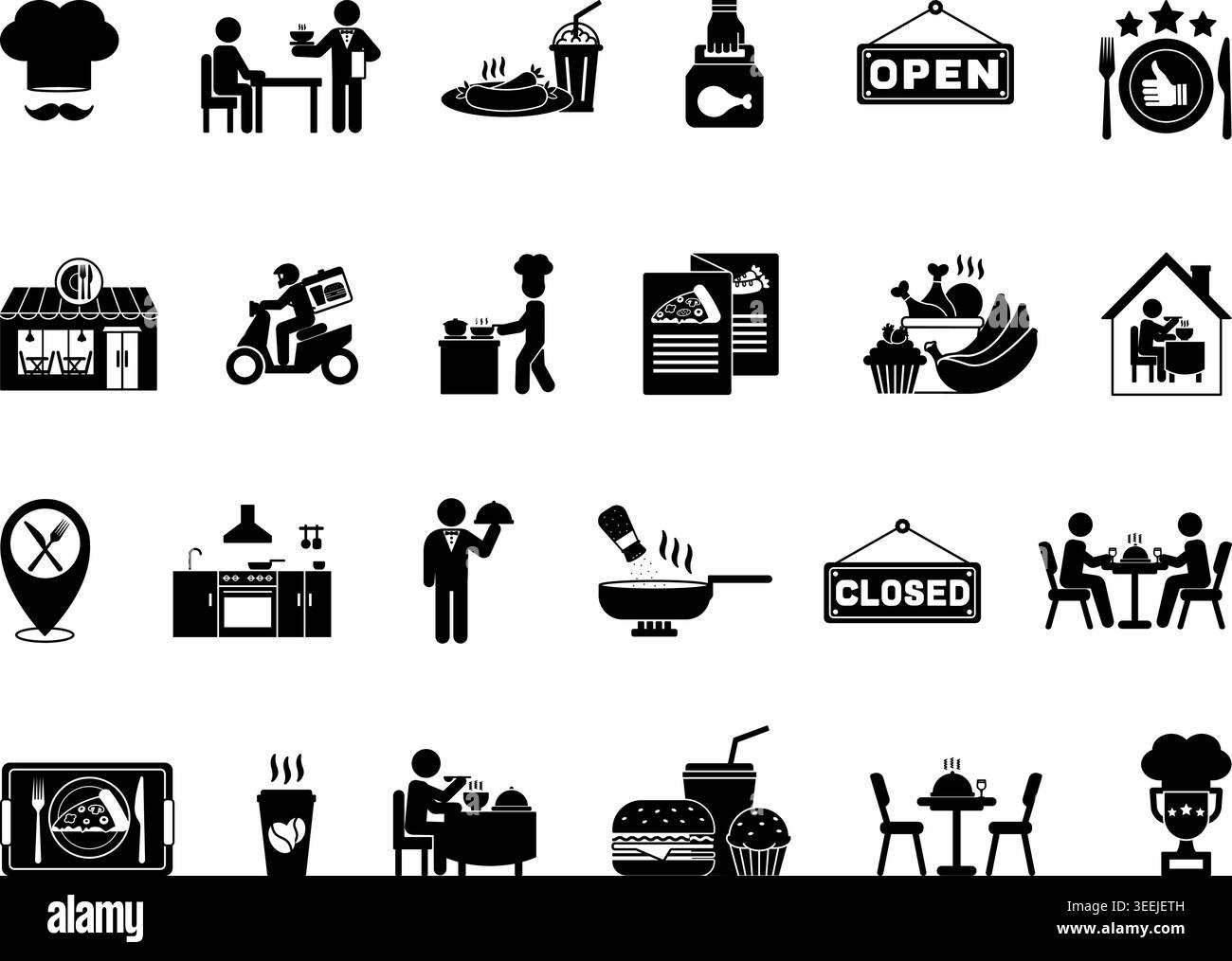 Set di icone del ristorante Black. Illustrazioni vettoriali Food, Chef, servizio, fast food, preparazione di alimenti, cucina, cameriere, menu, consegna cibo, cucina, e molto altro ancora Illustrazione Vettoriale