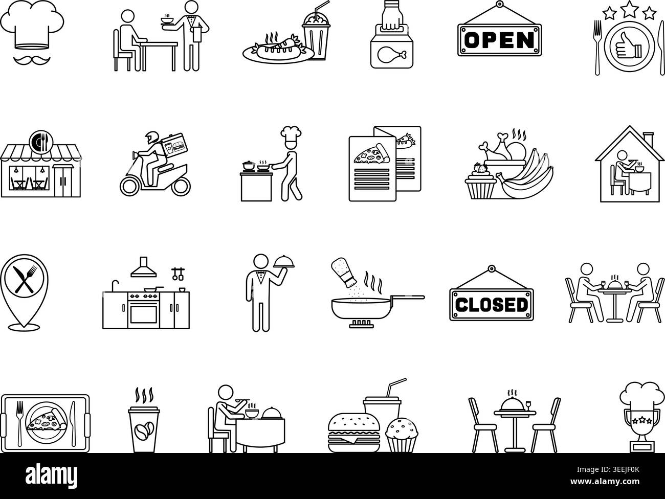 Set di icone del ristorante. Illustrazioni vettoriali Food, Chef, servizio, fast food, preparazione di alimenti, cucina, cameriere, menu, consegna cibo, cucina, e molto altro ancora Illustrazione Vettoriale