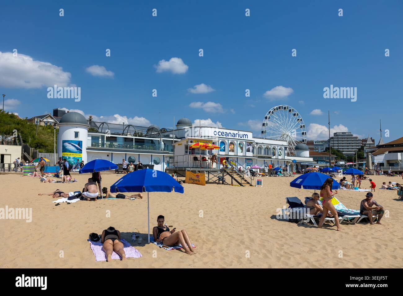 Spiaggia di Bournemouth con vista sull'Oceanarium e sulla ruota panoramica: I bagnanti si godono una calda giornata estiva nel Dorset, in Inghilterra. Foto Stock