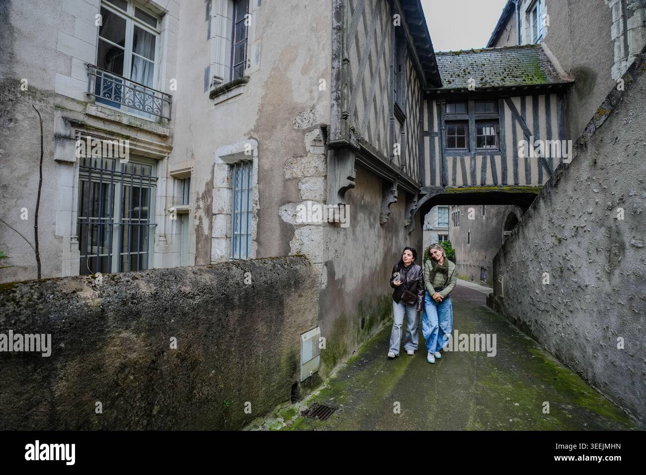 Persone a caso negli edifici storici in pietra e legno a Blois, in Francia. Foto Stock