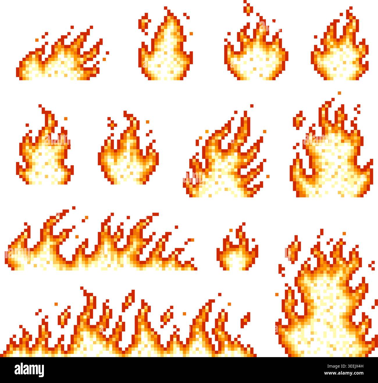 Icone di attivazione pixel. Elementi di masterizzazione di giochi retrò, stile di gioco per computer arcade 8 a 16 bit. Elementi di progettazione UI ux, fiamme incandescenti, clipart vettoriale ordinato Illustrazione Vettoriale