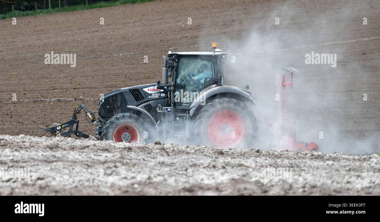 Claas Axion 830 eruttante di potenza in calce appena sparsa su un campo arato. Il calcare in polvere aiuta la fertilità del terreno. Cumbria, Regno Unito. Foto Stock