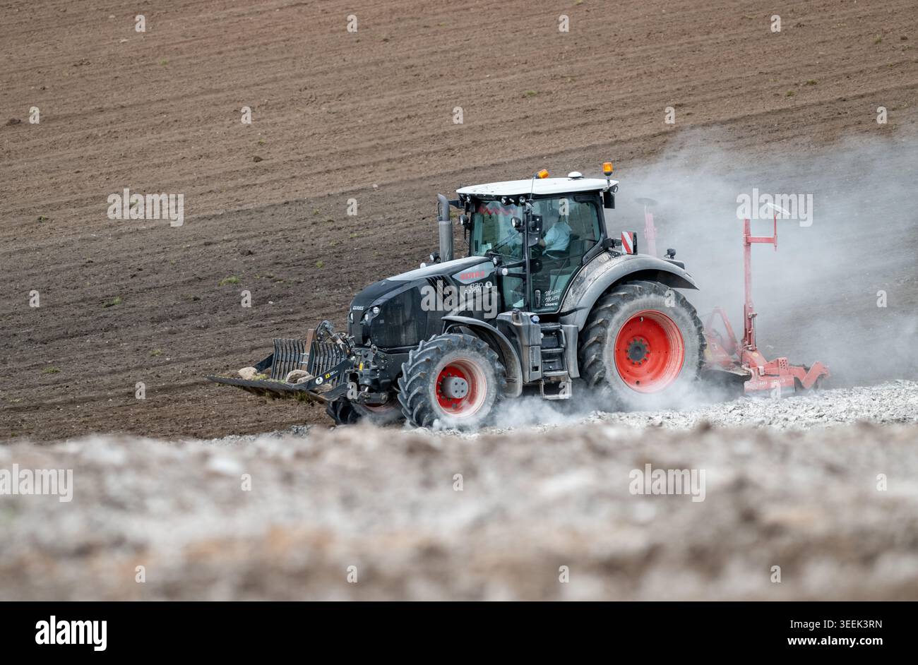 Claas Axion 830 eruttante di potenza in calce appena sparsa su un campo arato. Il calcare in polvere aiuta la fertilità del terreno. Cumbria, Regno Unito. Foto Stock