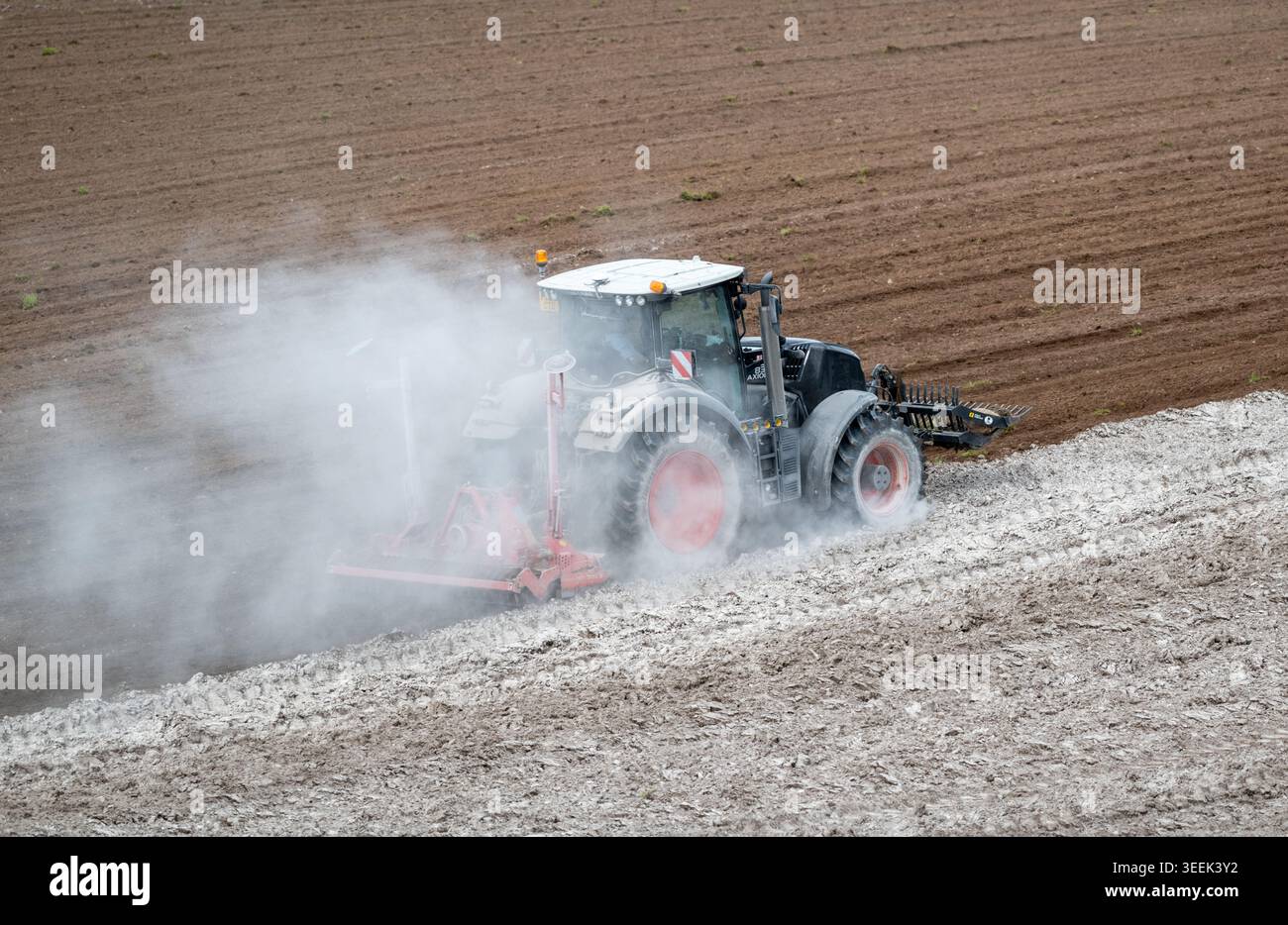 Claas Axion 830 eruttante di potenza in calce appena sparsa su un campo arato. Il calcare in polvere aiuta la fertilità del terreno. Cumbria, Regno Unito. Foto Stock