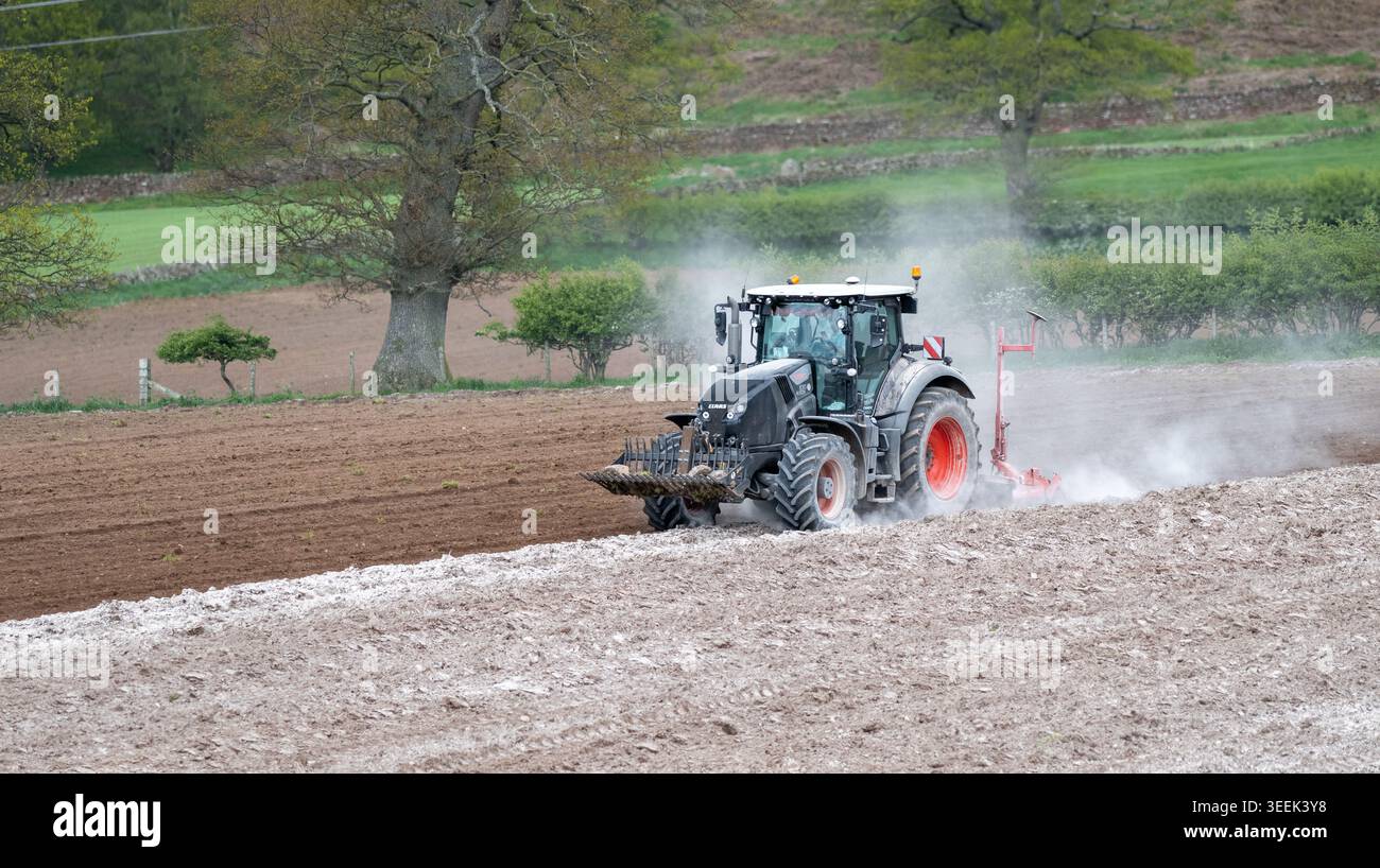 Claas Axion 830 eruttante di potenza in calce appena sparsa su un campo arato. Il calcare in polvere aiuta la fertilità del terreno. Cumbria, Regno Unito. Foto Stock