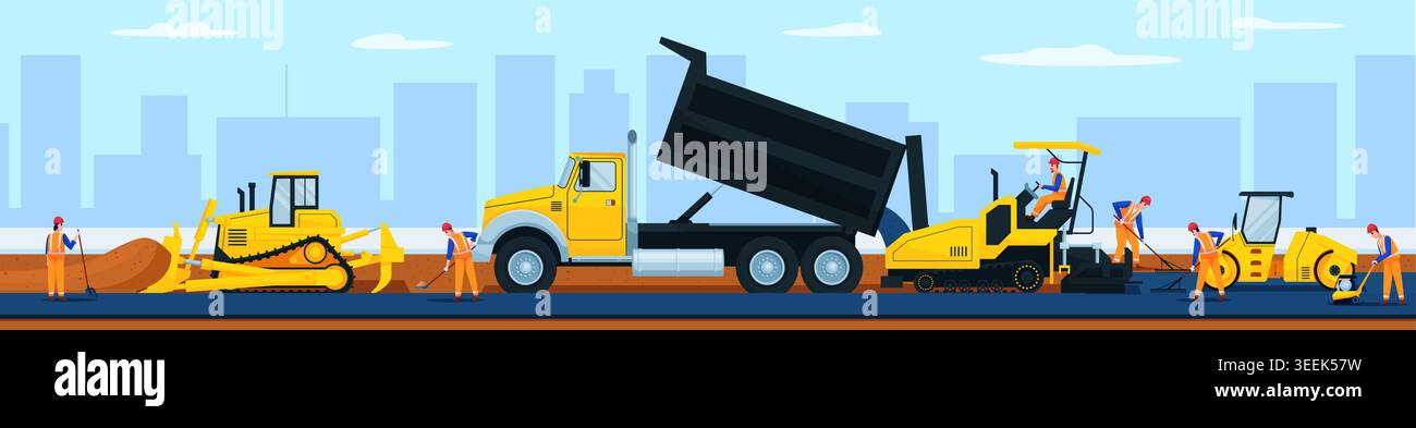 Macchine per l'edilizia. Riparazione di macchine per pavimentazione, operatore addetto alla manutenzione di buche per asfalto bulldozer per veicoli pesanti per lavori stradali traffico in autostrada illustrazione vettoriale qualitativa grafica originale Illustrazione Vettoriale