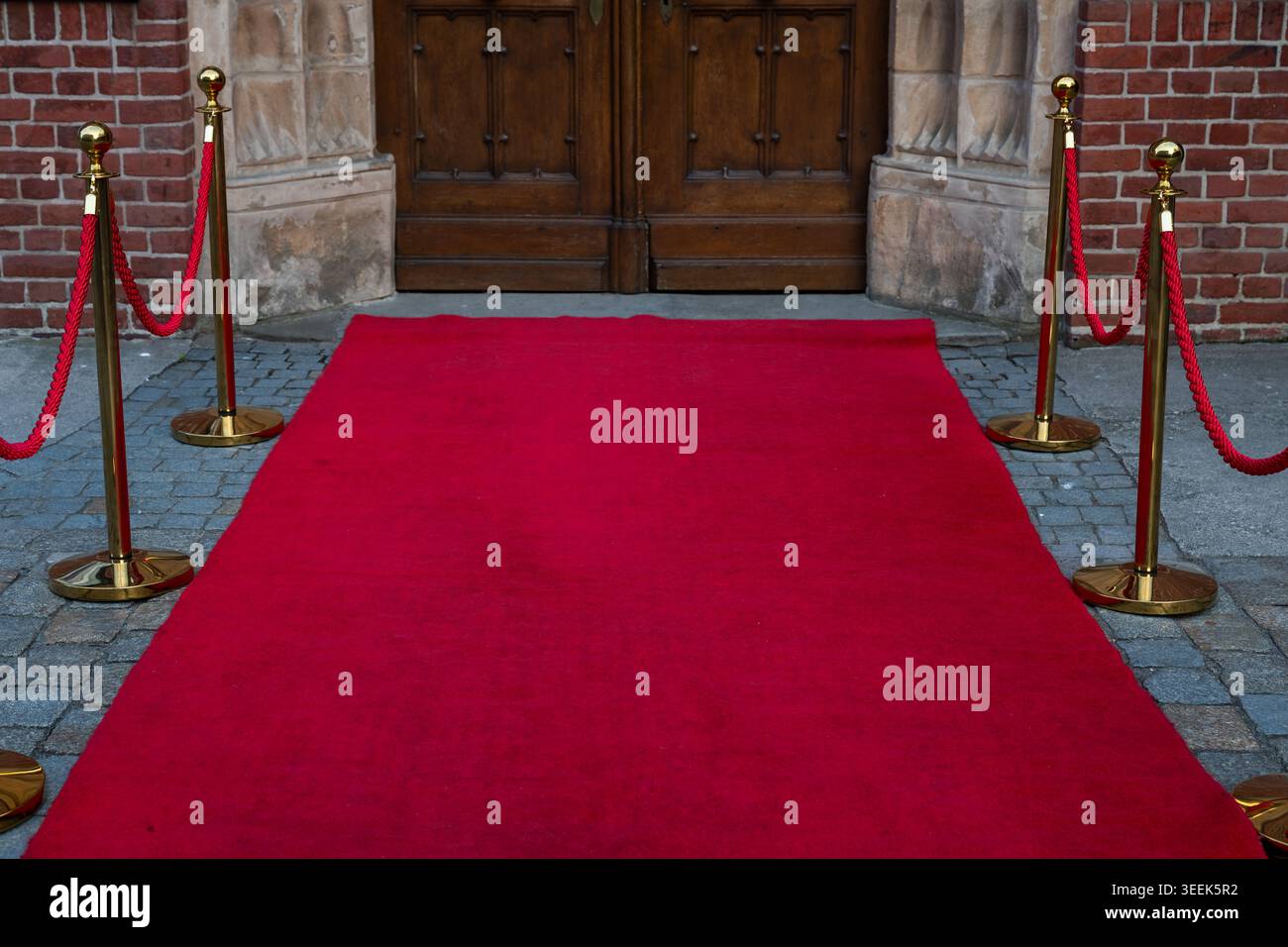 Sentiero con tappeti rossi con pietre dorate e corde di velluto rosso che conduce ad un grande ingresso storico in legno a doppia porta di un edificio in mattoni. Foto Stock