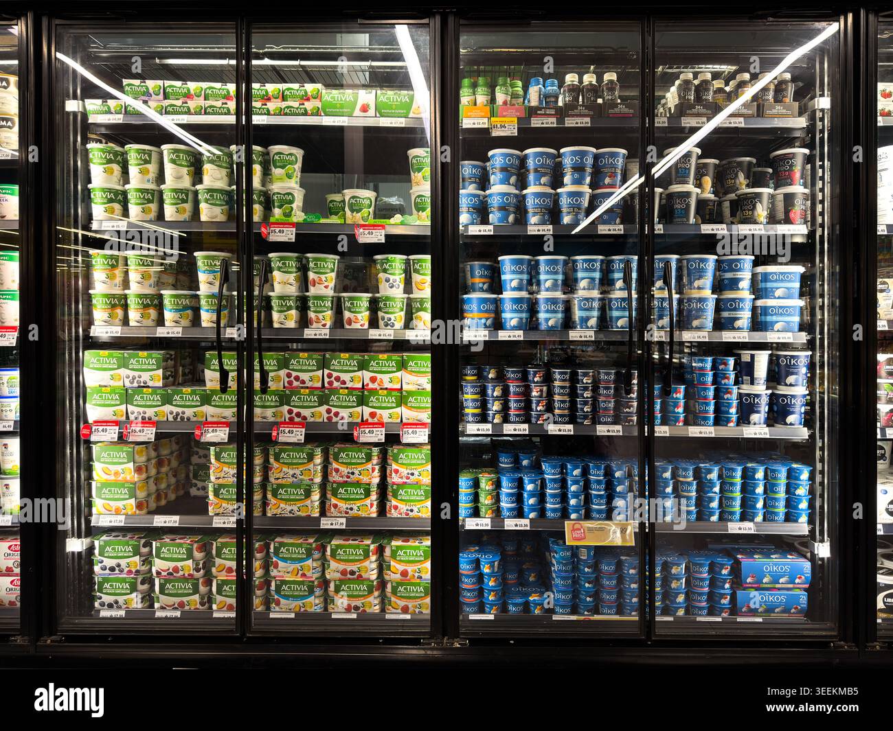 Toronto, Canada - 26 aprile 2026: Esposizione refrigerata con yogurt naturali con illuminazione moderna e porte in vetro Foto Stock