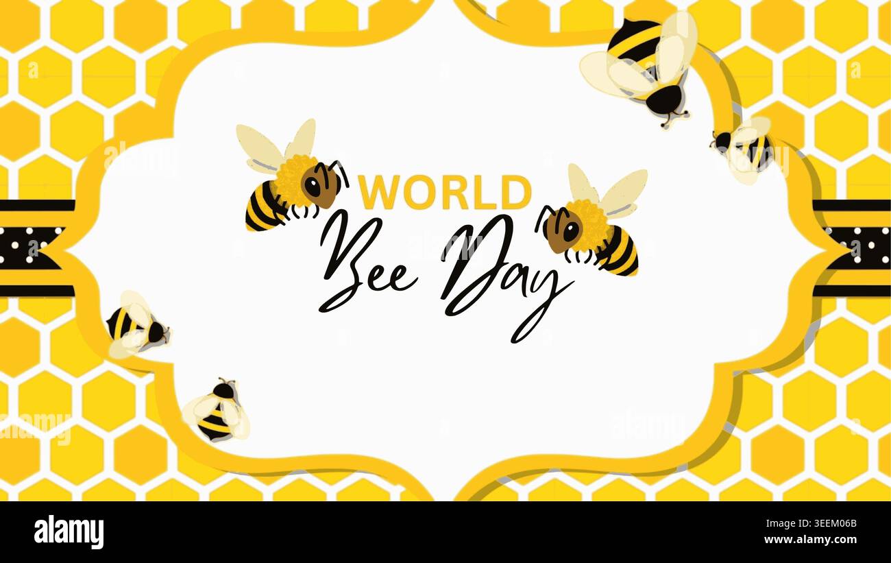 Testo nero dorato World Bee Day e sfondo a nido d'ape con api volanti, salva il nostro concetto di impollinatori, sfondo bianco, copertina, banner, poster Illustrazione Vettoriale
