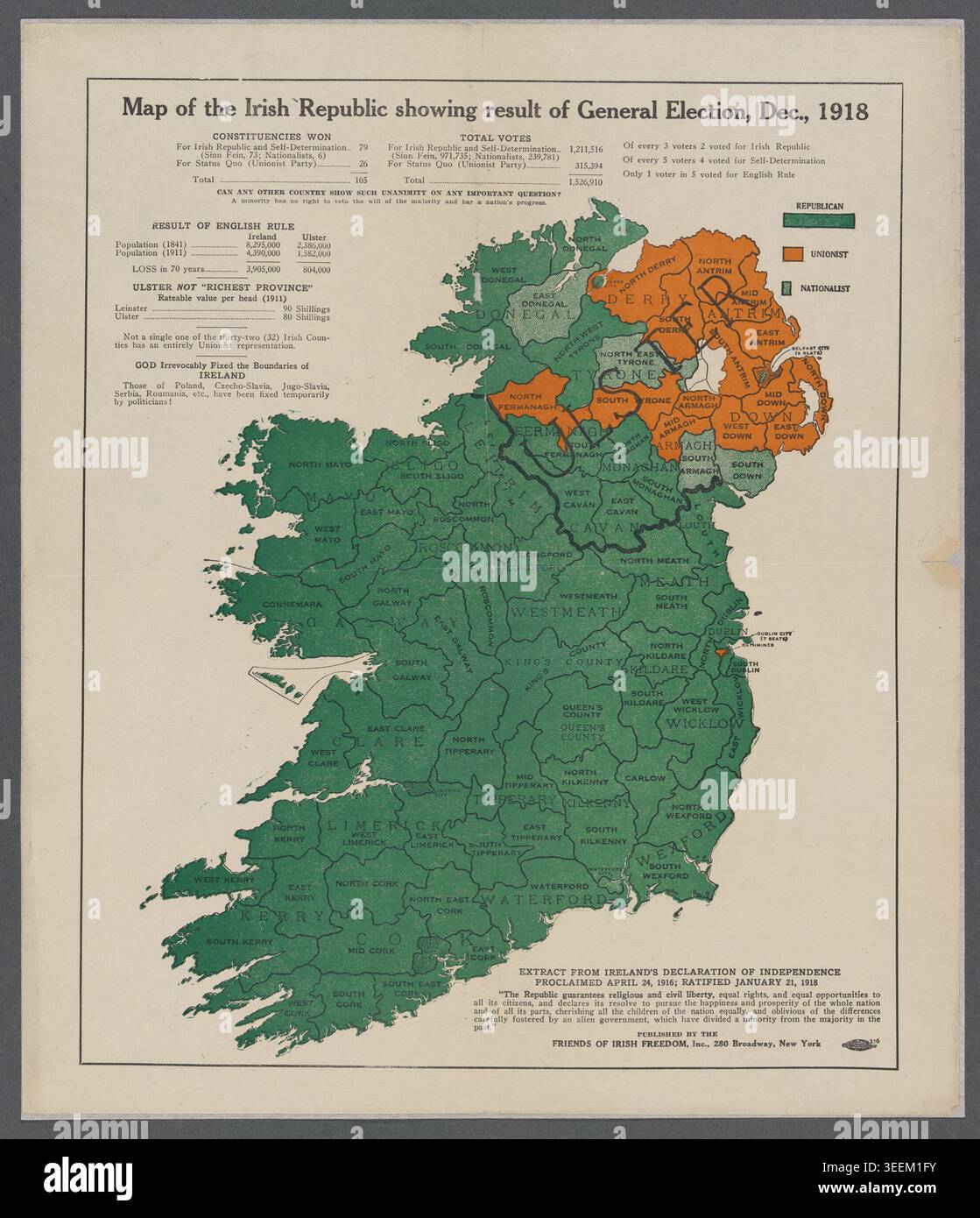 Illustrazione storica della Mappa della Repubblica irlandese che mostra i risultati delle elezioni generali del dicembre 1918, pubblicata a New York da Friends of Irish Freedom, Inc., illustrando le divisioni politiche nazionaliste, repubblicane e unioniste in tutta l'Irlanda durante il movimento indipendentista irlandese. Foto Stock