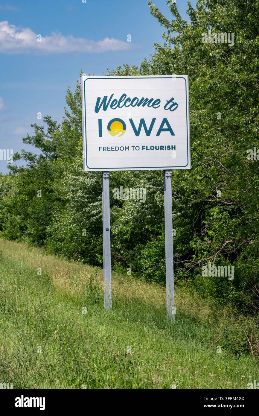 Contea di Ringgold, Iowa. Cartello di benvenuto al confine con lo stato dell'Iowa. Foto Stock